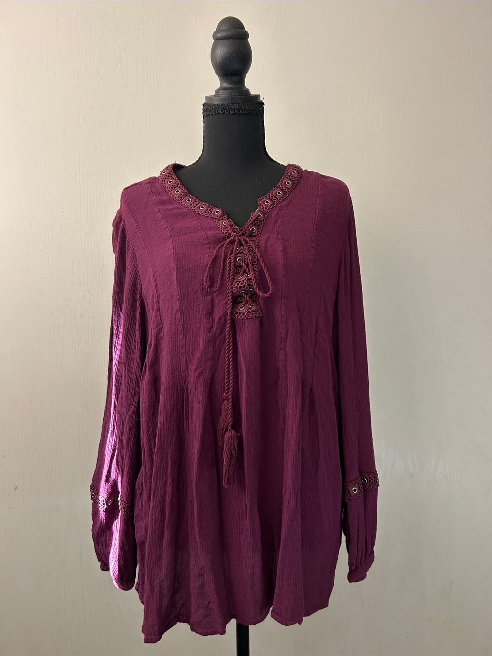 Style & Co. Plum Lace-Up Boho Peasant Tunic